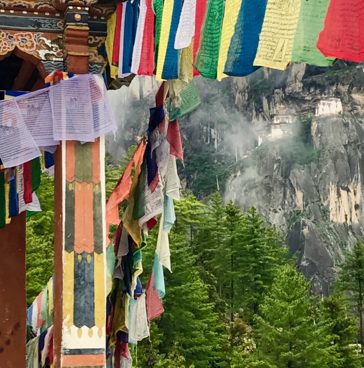 prayer flags in Tiger Nest Monastery hike with Kids, Bhutan
