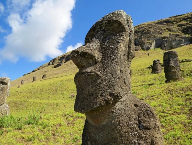 A giant Moai on Easter Island - kids are fascinated
