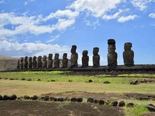 Moai statues in a line on Rapa Nui