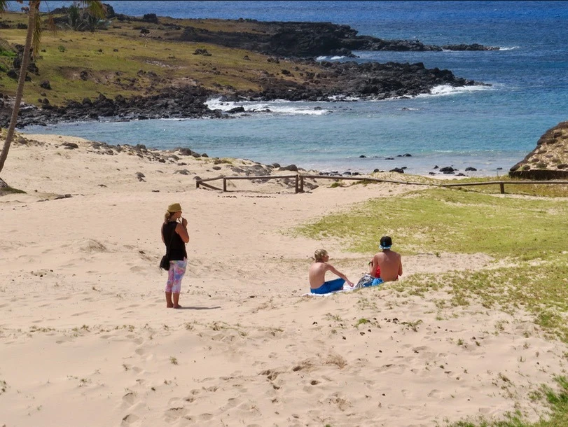 Visiting the moai statues on easter island Anakena beach with kids