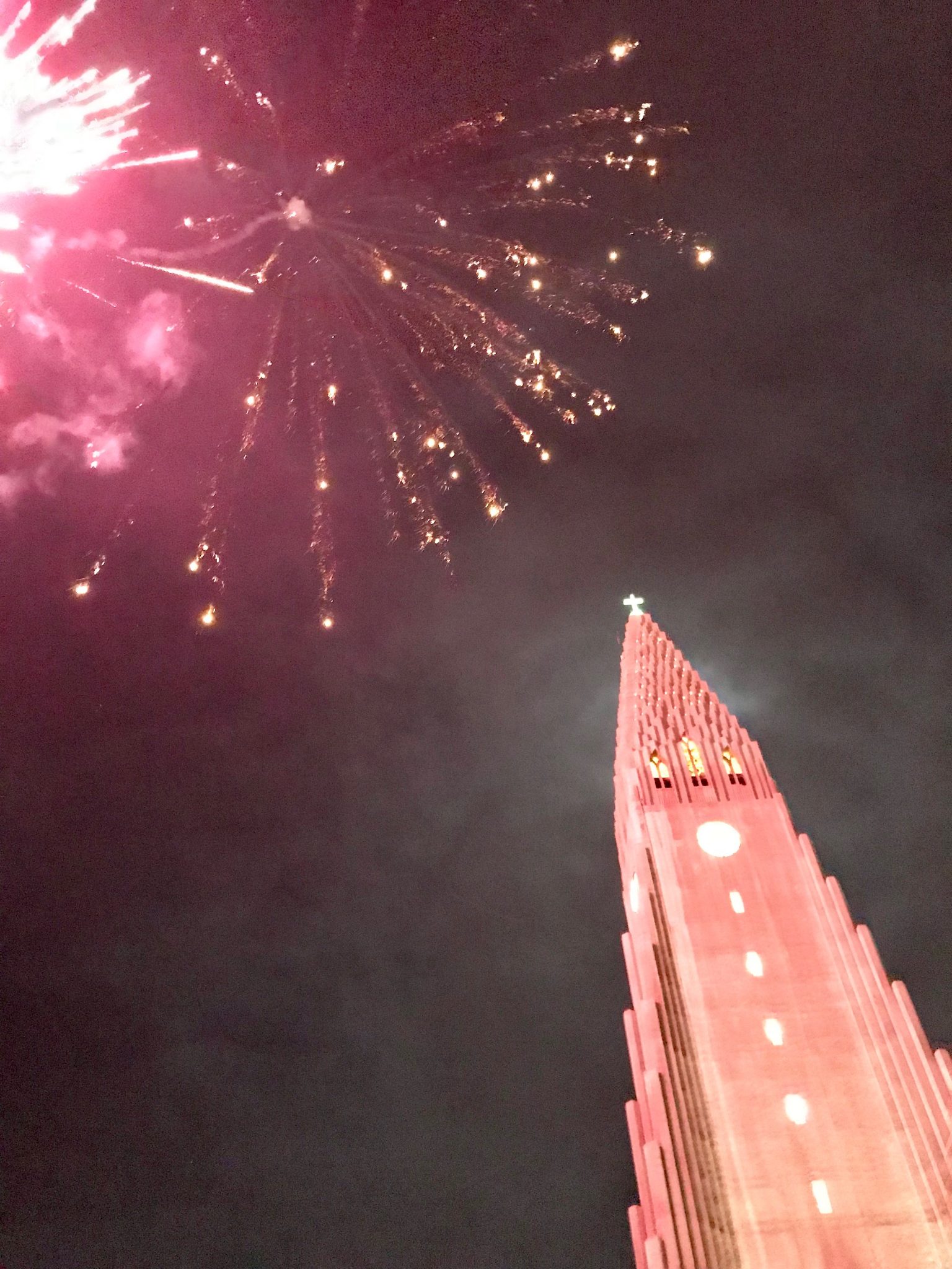 New years eve fireworks at Hallgrimskirkja church in Reykjavik