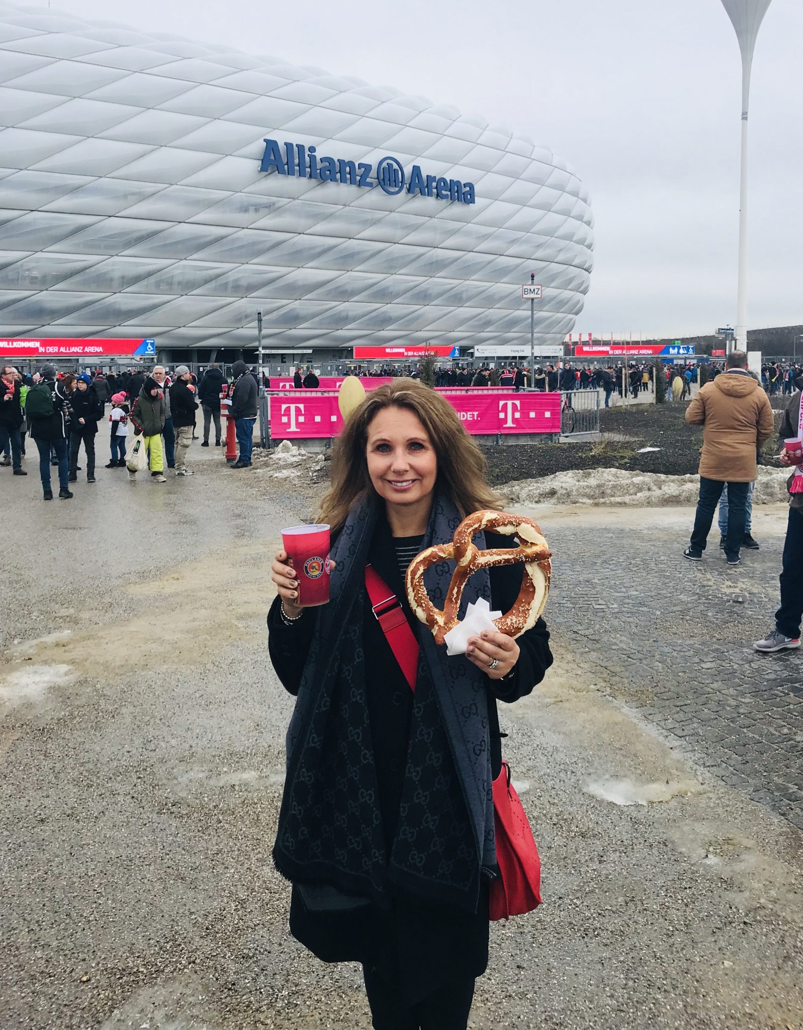 allianz arena in munich germany with pretzels and beer