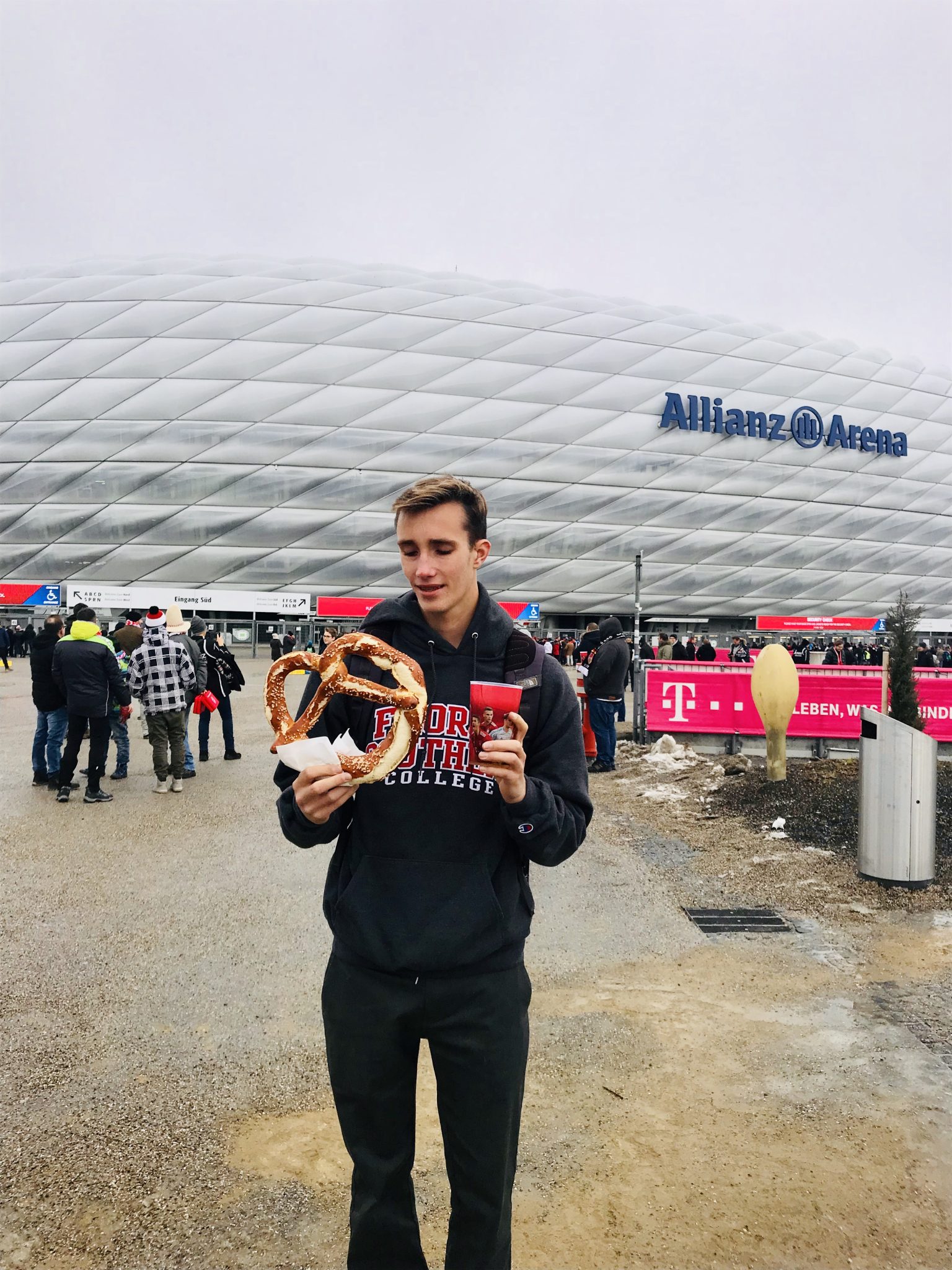beer before the game at allianz arena in munich germany with pretzels and beer